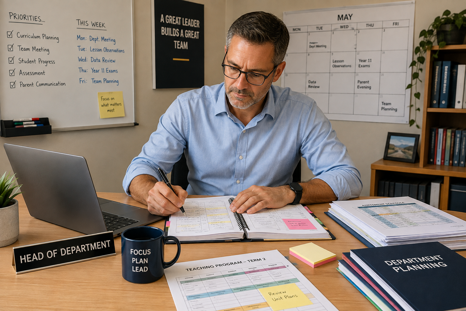 Personal organization for HODs with a planner, laptop, calendar and teaching documents