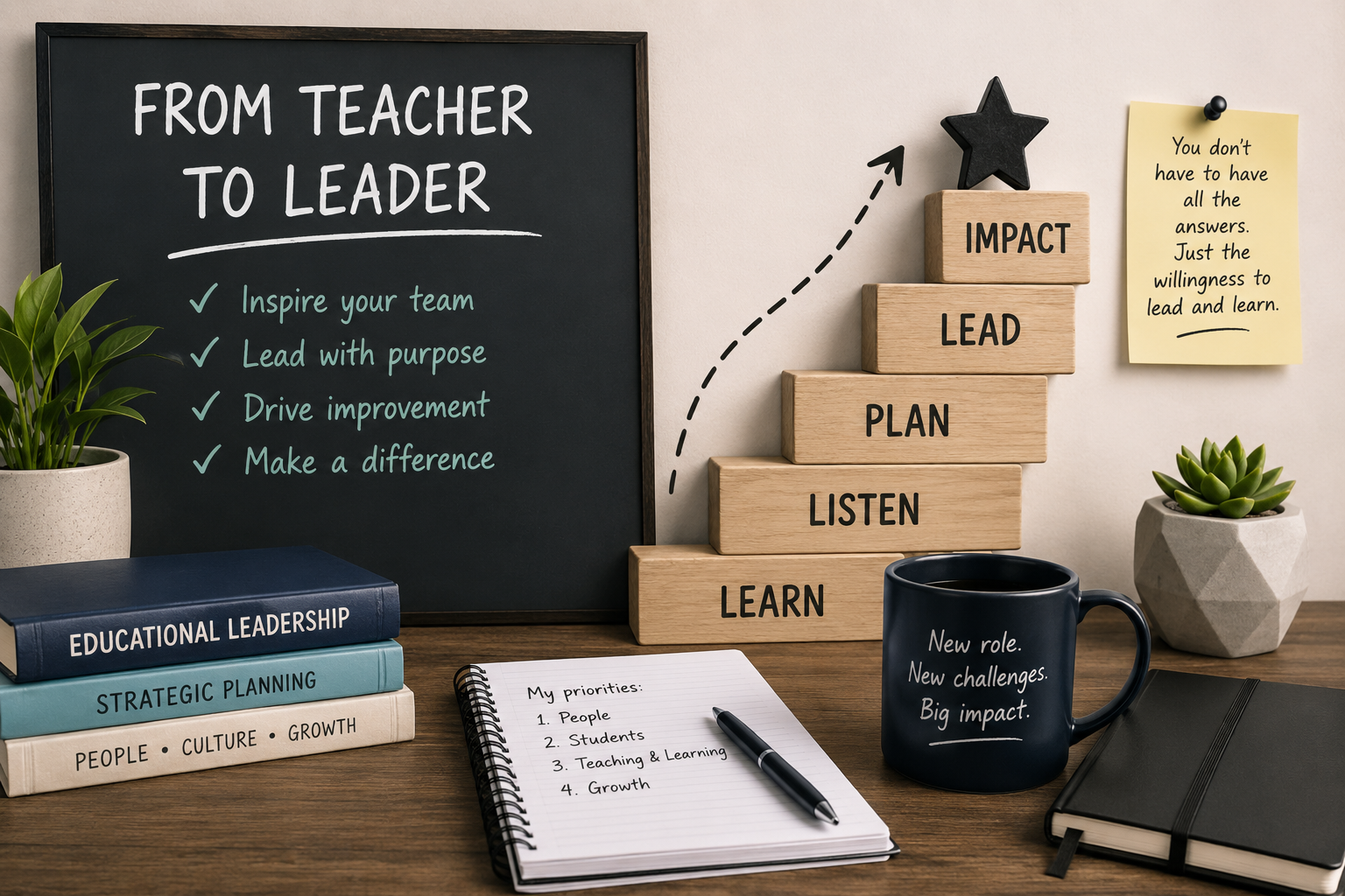 Illustration of a teacher transitioning into a new Head of Department role, representing educational leadership, planning, teamwork and professional growth.